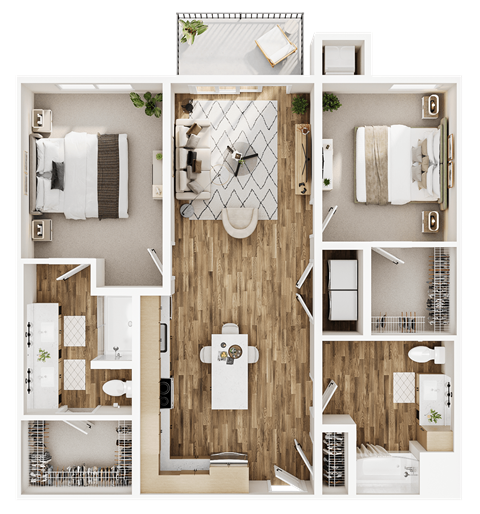 Floor plan for 2 beds, 2 baths, 1119 sqft